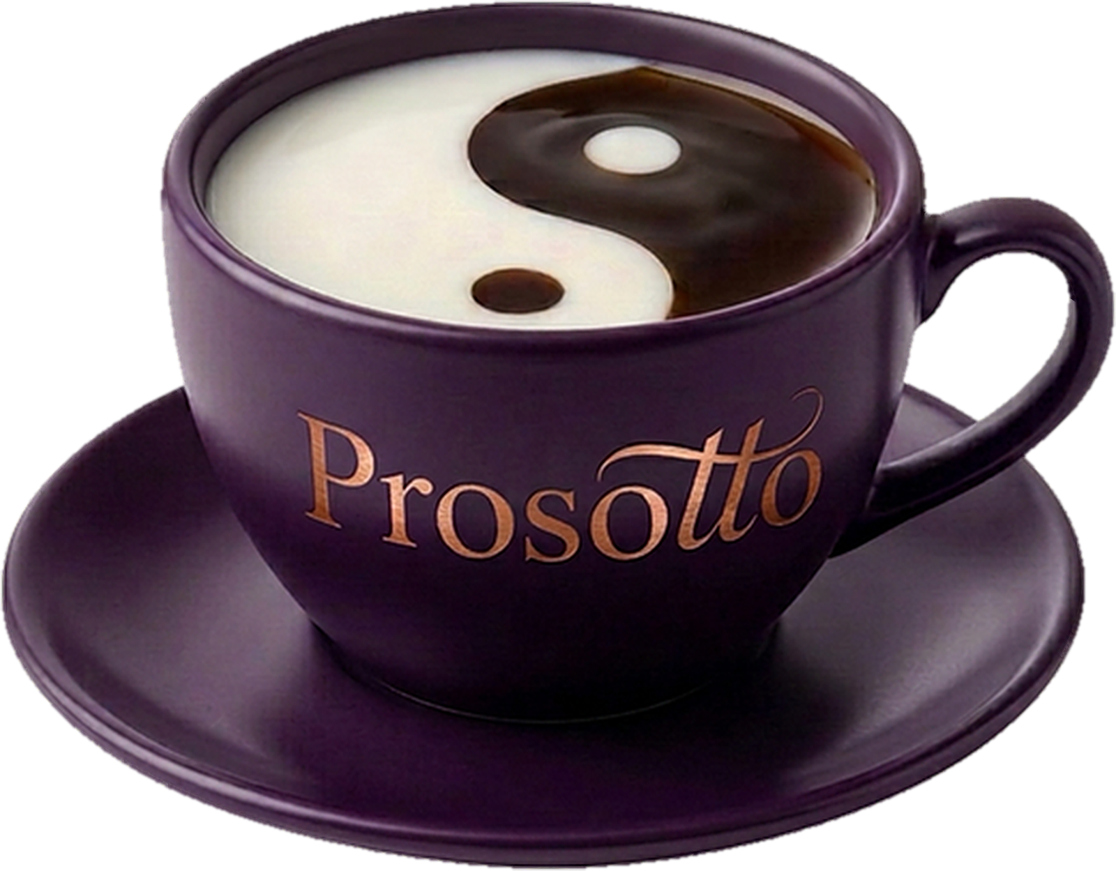 Milk pouring from a glass jug into a plum Prosotto cup, forming the yin yang