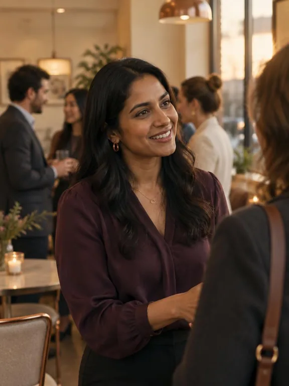 Priya welcoming guests at a professional networking event
