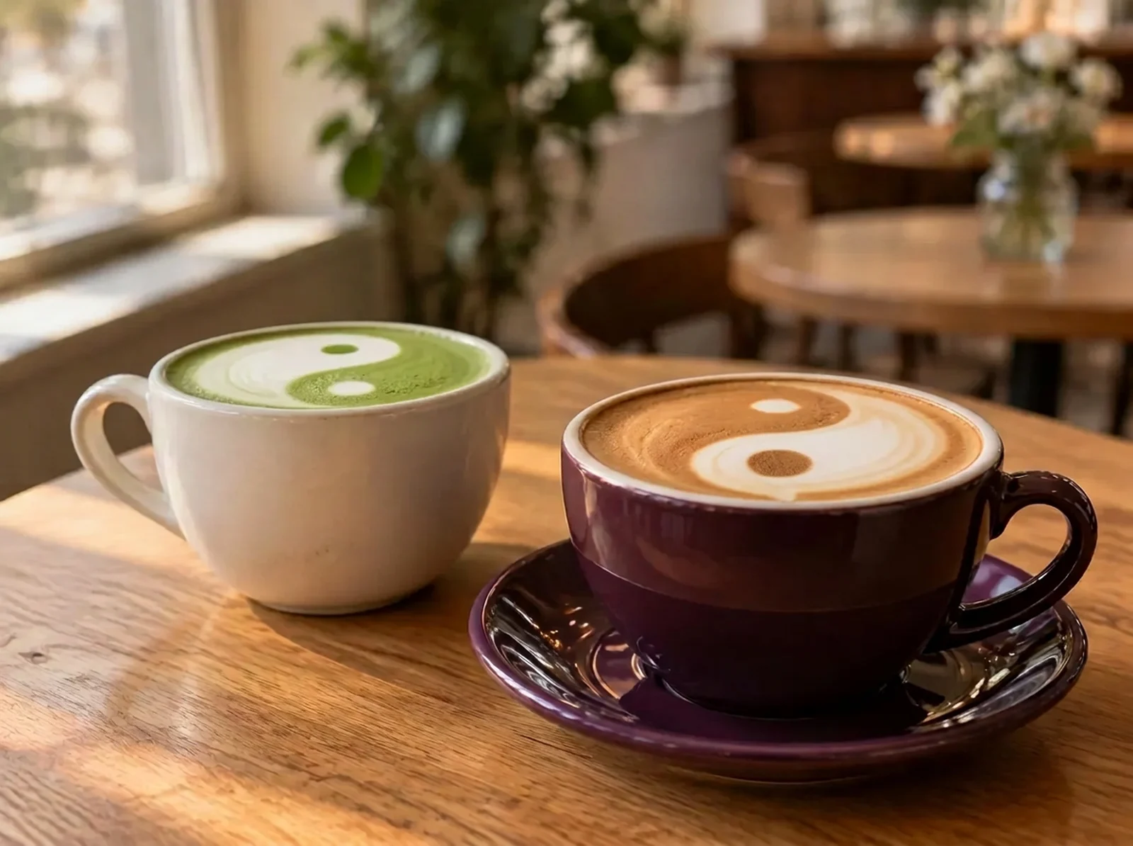 A matcha latte and cappuccino with complementary yin and yang latte art